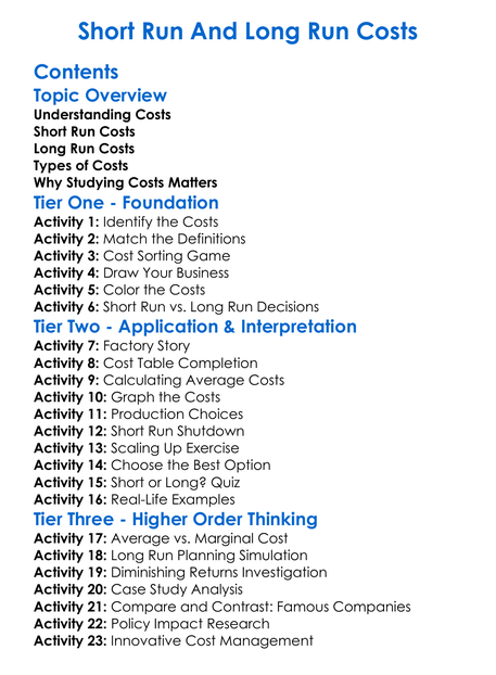 Short-Run And Long-Run Costs Worksheet Activity Booklet