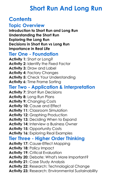 Short-Run And Long-Run Worksheet Activity Booklet