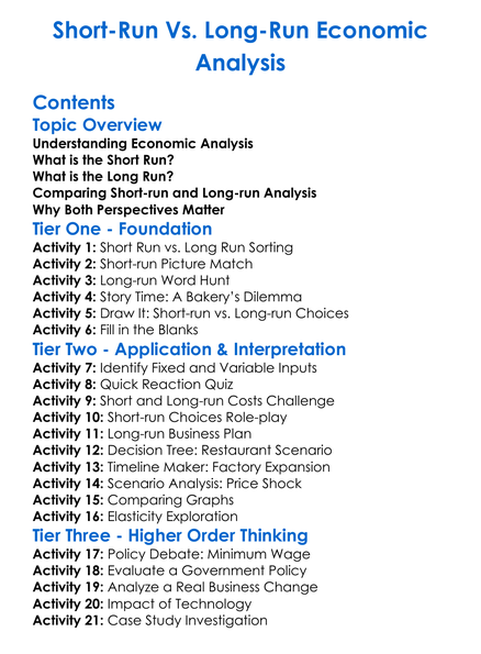 Short-Run Vs Long-Run Economic Analysis Worksheet Activity Booklet