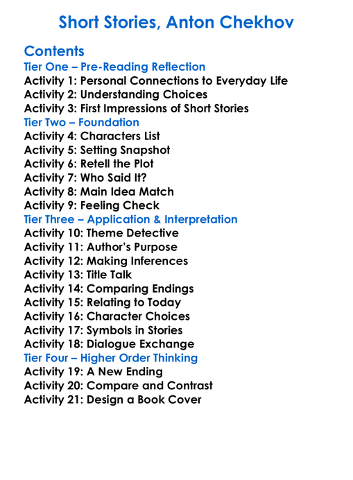 Short Stories Anton Chekhov Worksheet Activity Booklet