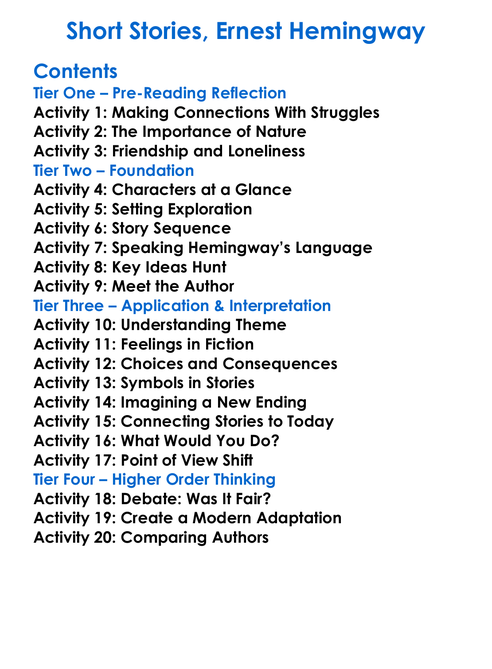 Short Stories Ernest Hemingway Worksheet Activity Booklet