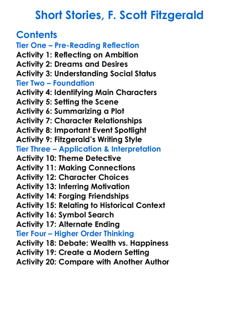 Short Stories F Scott Fitzgerald Worksheet Activity Booklet