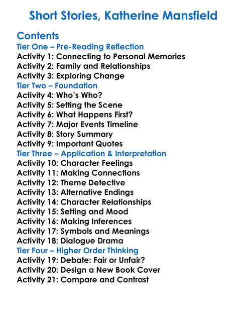 Short Stories Katherine Mansfield Worksheet Activity Booklet