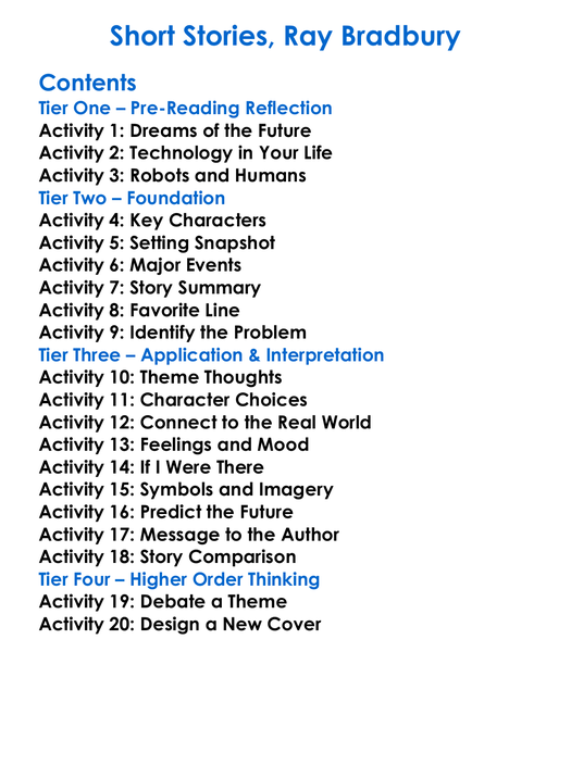 Short Stories Ray Bradbury Worksheet Activity Booklet
