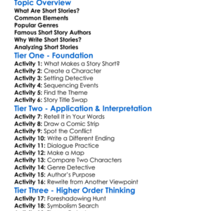 Short Stories Worksheet Activity Booklet