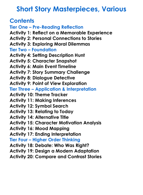 Short Story Masterpieces Various Worksheet Activity Booklet