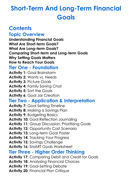 Short-Term And Long-Term Financial Goals Worksheet Activity Booklet