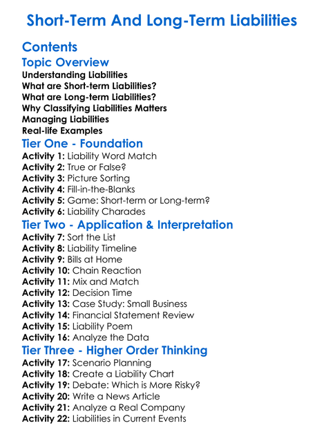 Short-Term And Long-Term Liabilities Worksheet Activity Booklet