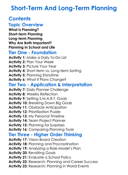 Short-Term And Long-Term Planning Worksheet Activity Booklet