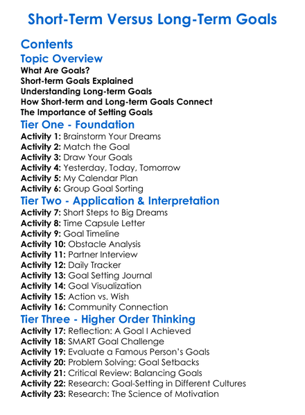 Short-Term Versus Long-Term Goals Worksheet Activity Booklet