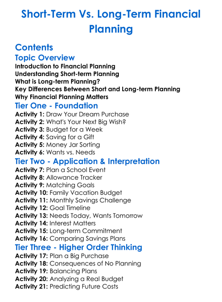 Short-Term Vs Long-Term Financial Planning Worksheet Activity Booklet