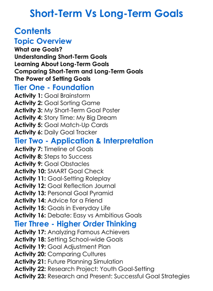 Short-Term Vs Long-Term Goals Worksheet Activity Booklet