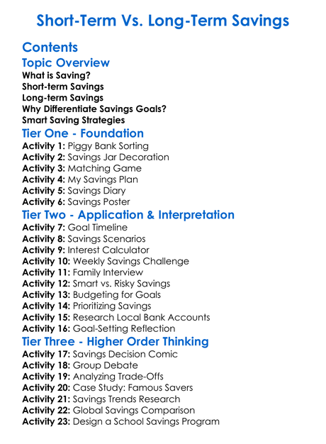 Short-Term Vs Long-Term Savings Worksheet Activity Booklet