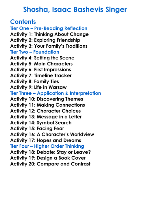 Shosha Isaac Bashevis Singer Worksheet Activity Booklet