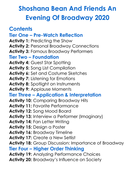 Shoshana Bean And Friends An Evening Of Broadway 2020 Worksheet Activity Booklet