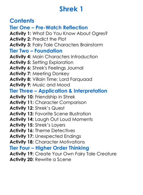 Shrek 1 Worksheet Activity Booklet