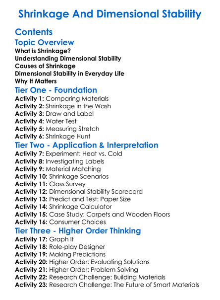 Shrinkage And Dimensional Stability Worksheet Activity Booklet