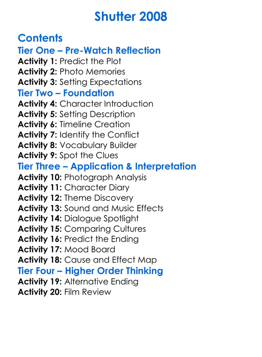 Shutter 2008 Worksheet Activity Booklet
