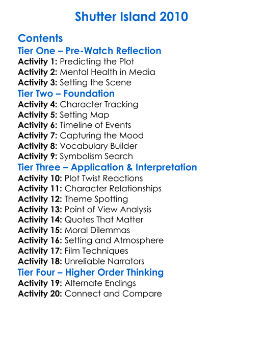 Shutter Island 2010 Worksheet Activity Booklet