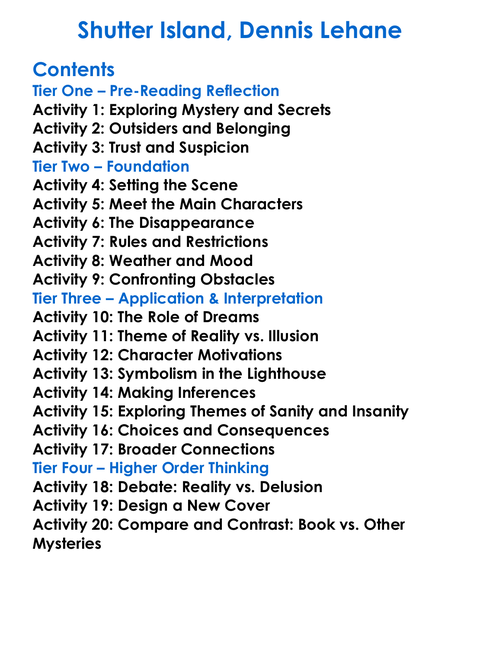 Shutter Island Dennis Lehane Worksheet Activity Booklet