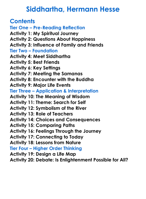 Siddhartha Hermann Hesse Worksheet Activity Booklet