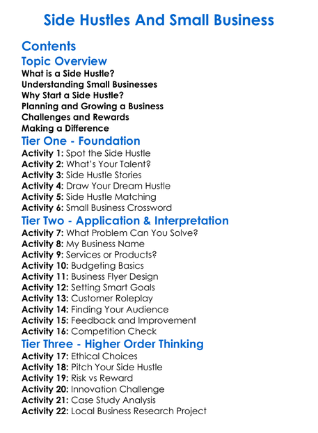 Side Hustles And Small Business Worksheet Activity Booklet