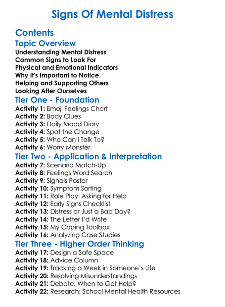 Signs Of Mental Distress Worksheet Activity Booklet