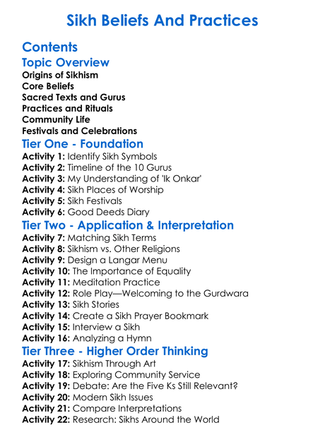 Sikh Beliefs And Practices Worksheet Activity Booklet
