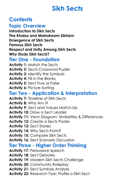 Sikh Sects Worksheet Activity Booklet