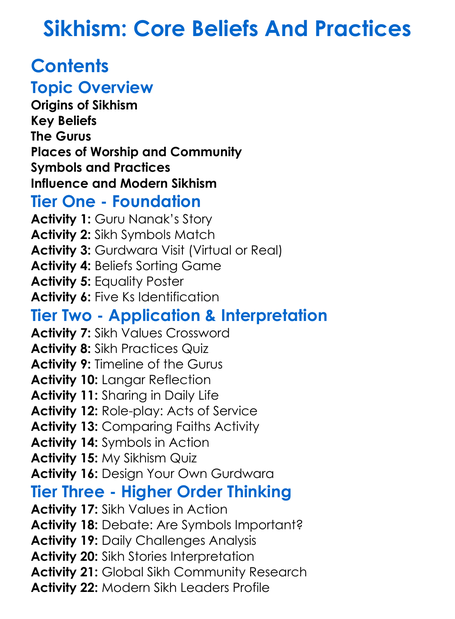 Sikhism Core Beliefs And Practices Worksheet Activity Booklet
