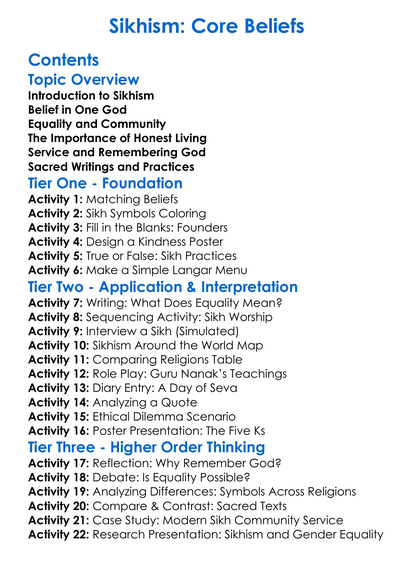 Sikhism Core Beliefs Worksheet Activity Booklet