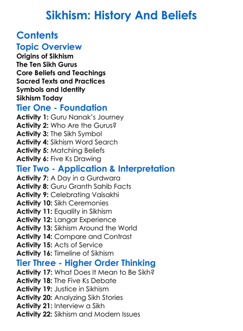 Sikhism History And Beliefs Worksheet Activity Booklet