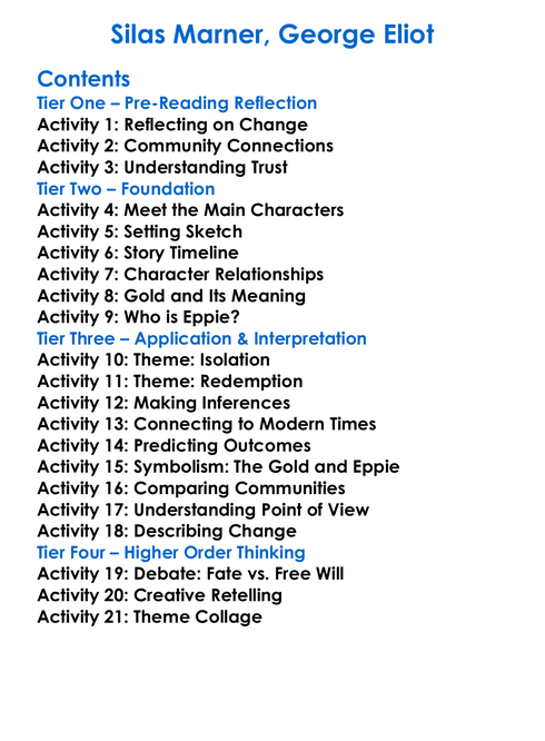 Silas Marner George Eliot Worksheet Activity Booklet