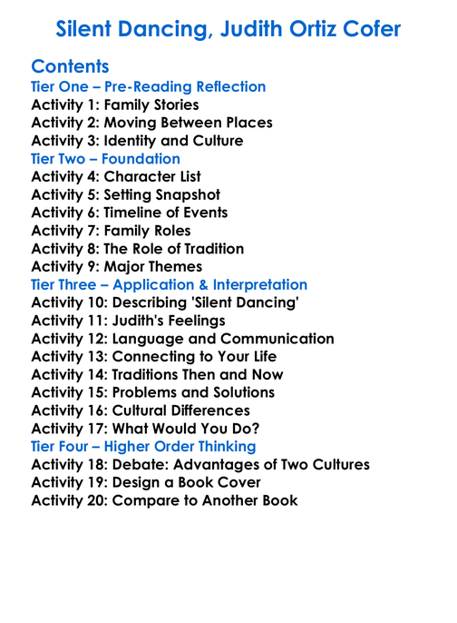 Silent Dancing Judith Ortiz Cofer Worksheet Activity Booklet