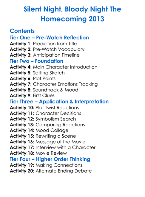 Silent Night Bloody Night The Homecoming 2013 Worksheet Activity Booklet