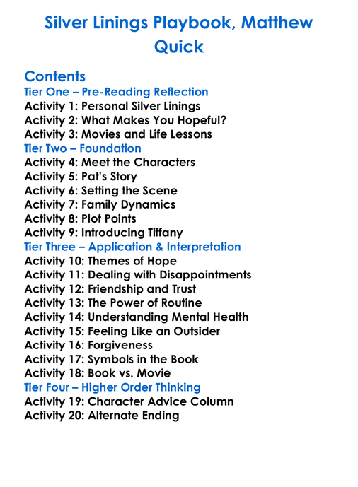 Silver Linings Playbook Matthew Quick Worksheet Activity Booklet
