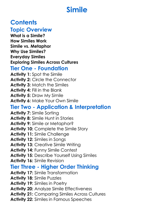 Simile Worksheet Activity Booklet