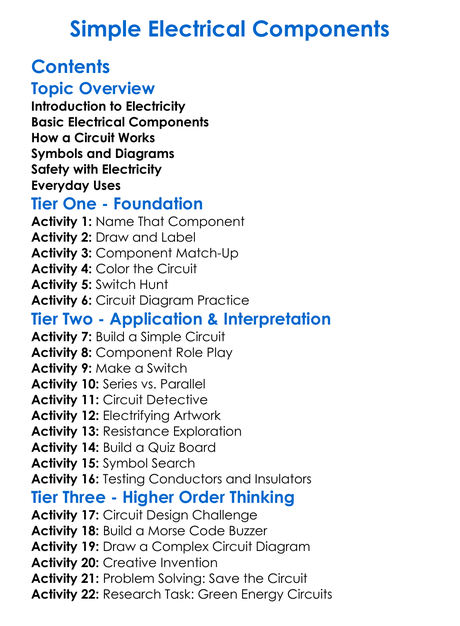 Simple Electrical Components Worksheet Activity Booklet