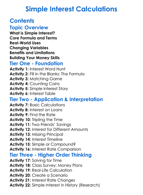 Simple Interest Calculations Worksheet Activity Booklet