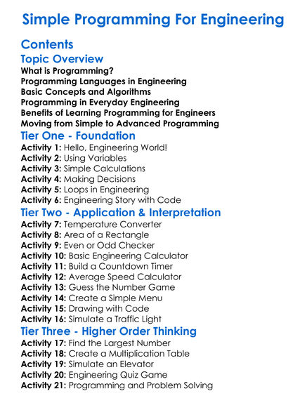 Simple Programming For Engineering Worksheet Activity Booklet