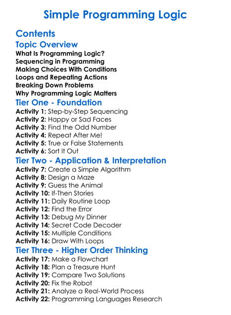 Simple Programming Logic Worksheet Activity Booklet