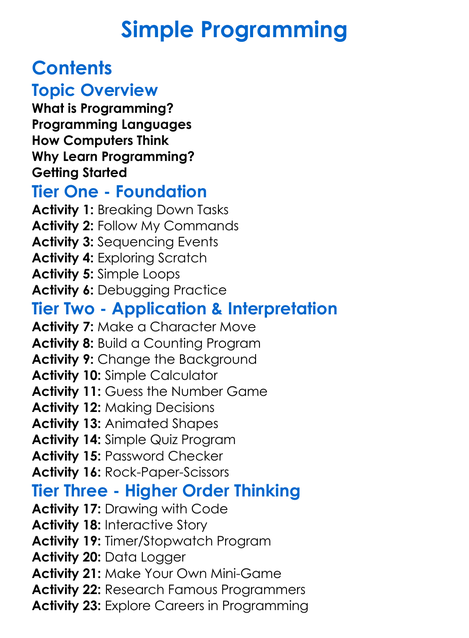 Simple Programming Worksheet Activity Booklet
