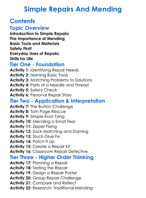 Simple Repairs And Mending Worksheet Activity Booklet