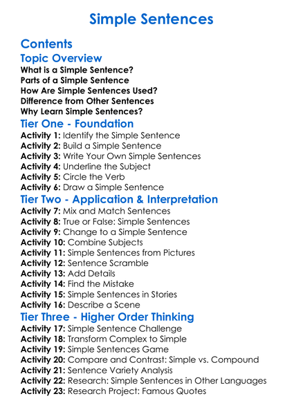Simple Sentences Worksheet Activity Booklet