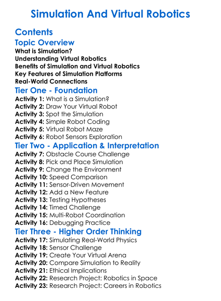 Simulation And Virtual Robotics Worksheet Activity Booklet