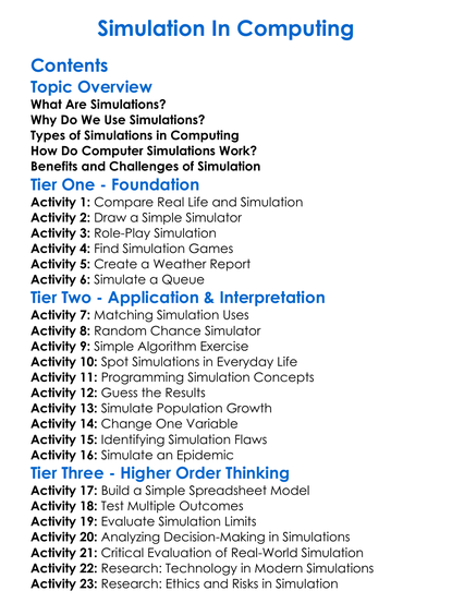 Simulation In Computing Worksheet Activity Booklet