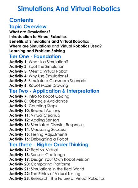 Simulations And Virtual Robotics Worksheet Activity Booklet