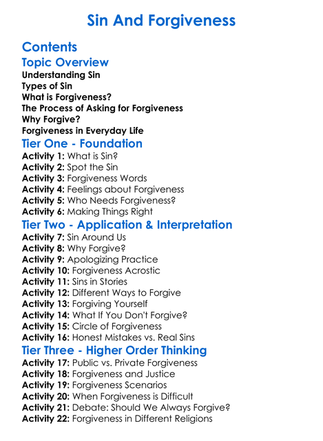 Sin And Forgiveness Worksheet Activity Booklet