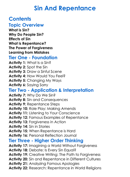 Sin And Repentance Worksheet Activity Booklet