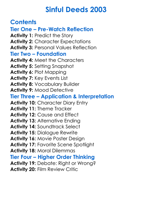 Sinful Deeds 2003 Worksheet Activity Booklet